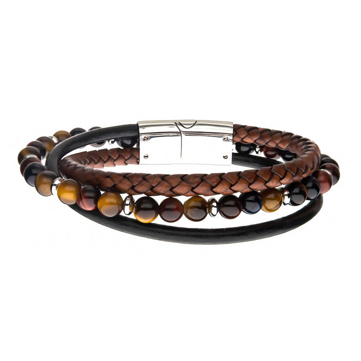 Tiger Eye Beads with Brown Braided & Black Full Grain Cowhide Leather Layered Bracelet