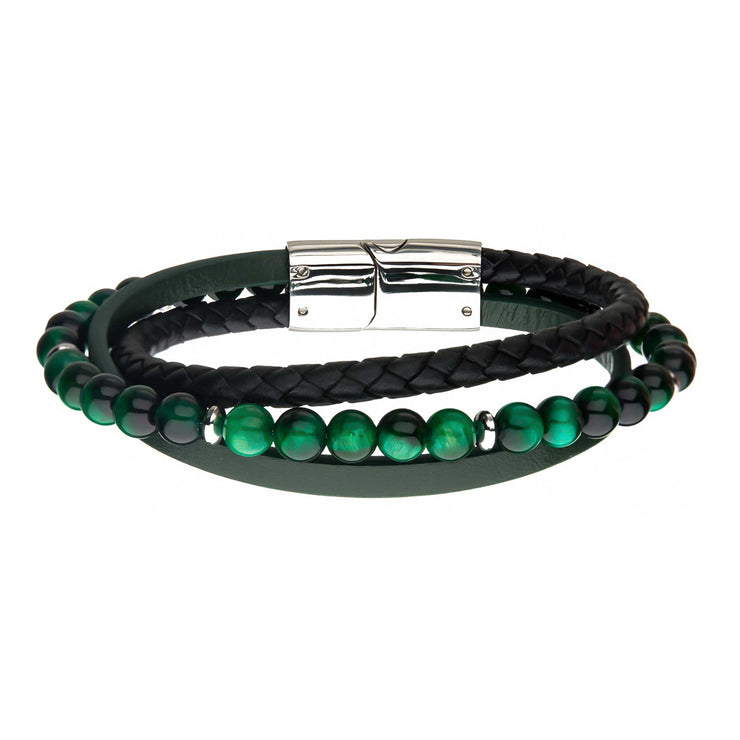 Green Tiger Eye Beads with Black Braided & Green Full Grain Cowhide Leather Layered Bracelet