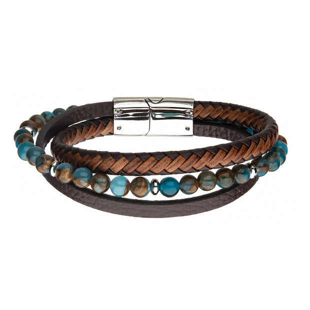 Chrysocolla Beads with Brown Full Grain Cowhide Leather Layered Bracelet