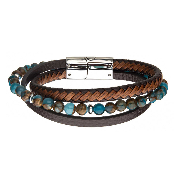 Chrysocolla Beads with Brown Full Grain Cowhide Leather Layered Bracelet