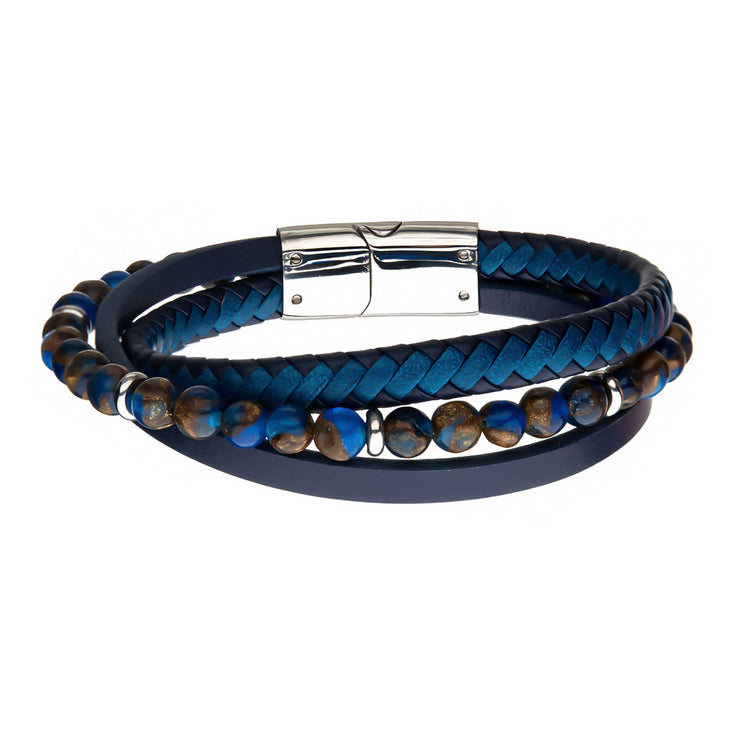 Pietersite Beads with Blue Full Grain Cowhide Leather Layered Bracelet