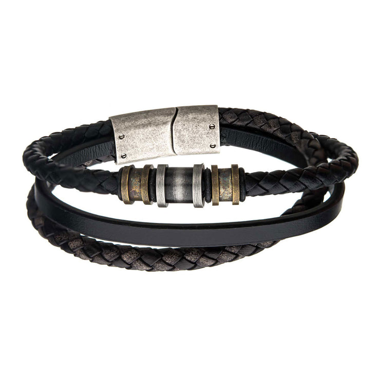 Steel Antique Gold/Silver Black Full Grain Cowhide Leather Layered Bracelet