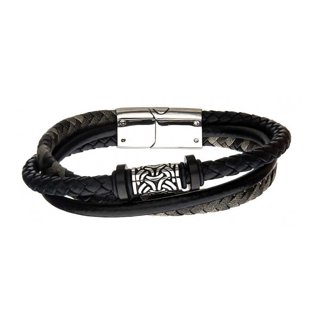 Black IP & Antiqued Finish Drum Beads with Black Full Grain Cowhide Leather Layered Bracelet