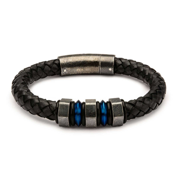 Black Braided Full Grain Cowhide Leather with Steel Blue IP & Gray Beads Bracelet