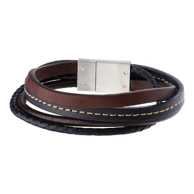 Brown & Black Leather in Brown Thread Layered Bracelet