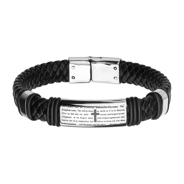 Black Braided Leather with Lords Prayer ID Steel Bracelet