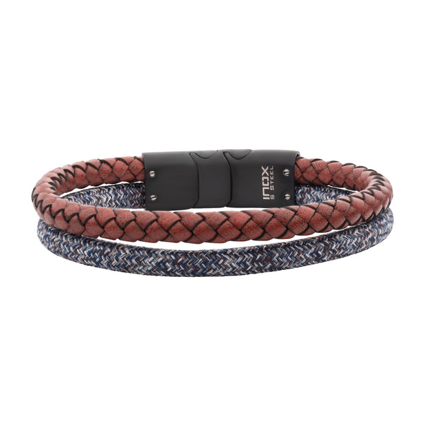 Black/White Nylon Cord & Brown Full Grain Cowhide Leather Stacking Duo Bracelet