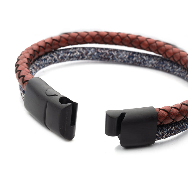 Black/White Nylon Cord & Brown Full Grain Cowhide Leather Stacking Duo Bracelet