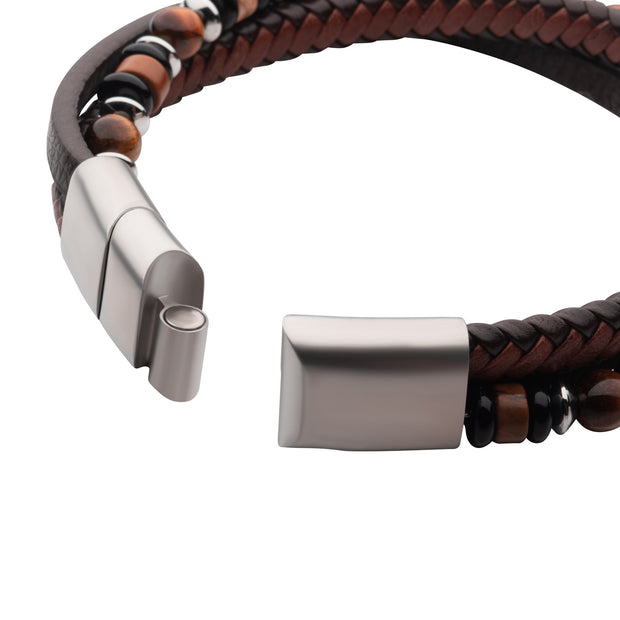 Brown Full Grain Cowhide Leather with Black Onyx,Tigers Eye & Piccaso Jasper Stone Bead Multi-Strand Bracelet