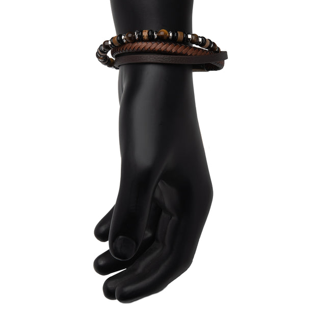 Brown Full Grain Cowhide Leather with Black Onyx,Tigers Eye & Piccaso Jasper Stone Bead Multi-Strand Bracelet