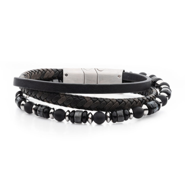 Black & Grey Full Grain Cowhide Leather with Black Onyx & White Howlite Stone Bead Multi-Strand Bracelet