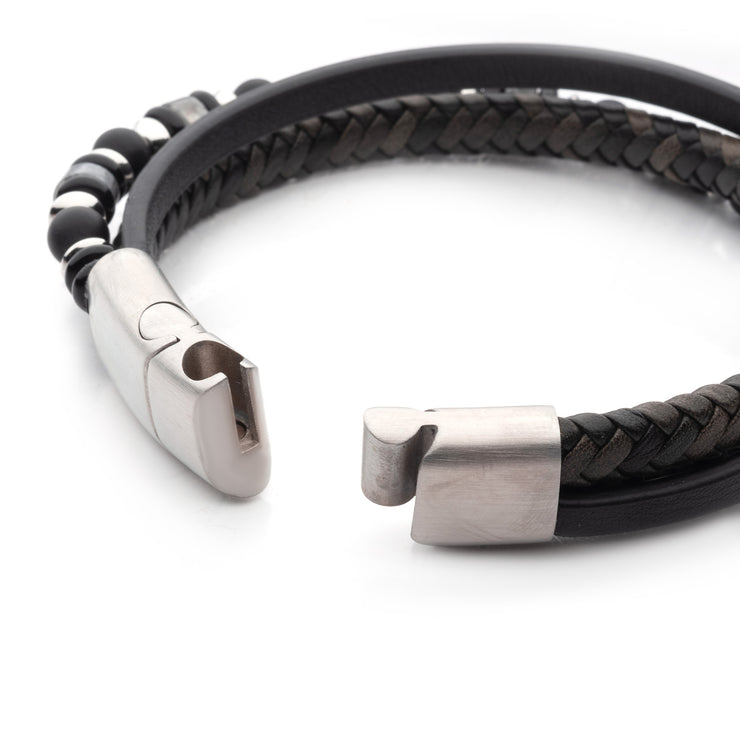 Black & Grey Full Grain Cowhide Leather with Black Onyx & White Howlite Stone Bead Multi-Strand Bracelet