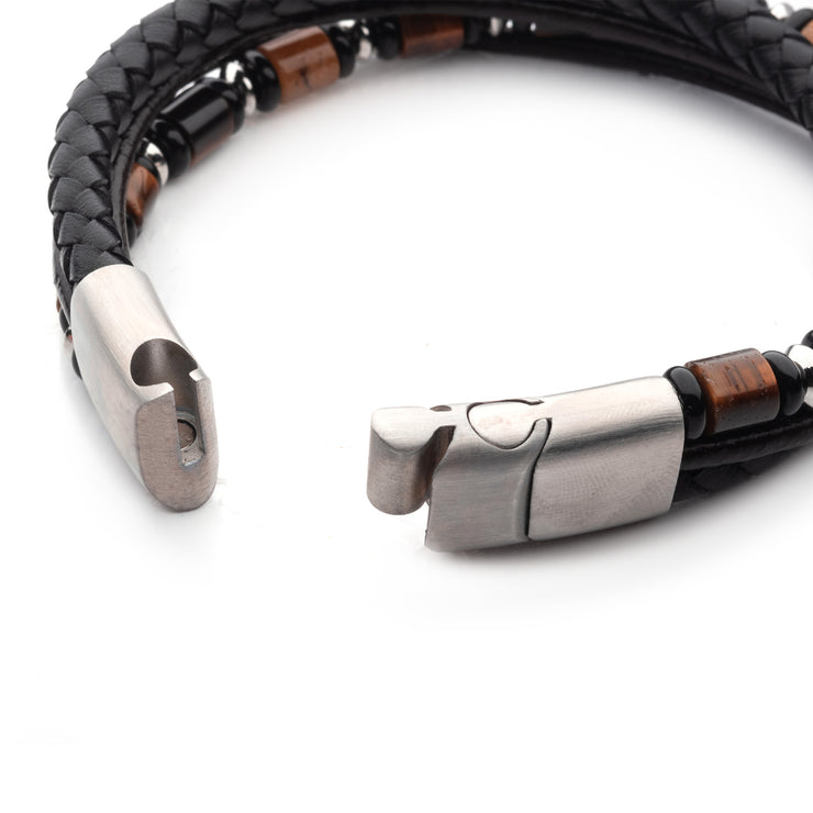 Black & Brown Full Grain Cowhide Leather with Black Onyx & Tigers Eye Stone Bead Multi-Strand Bracelet