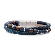 Blue Full Grain Cowhide Leather & Blue Denim with Lapis Lazuli & Tigers Eye Stone Bead Multi-Strand Bracelet