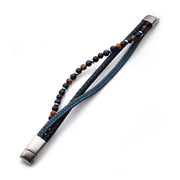 Blue Full Grain Cowhide Leather & Blue Denim with Lapis Lazuli & Tigers Eye Stone Bead Multi-Strand Bracelet