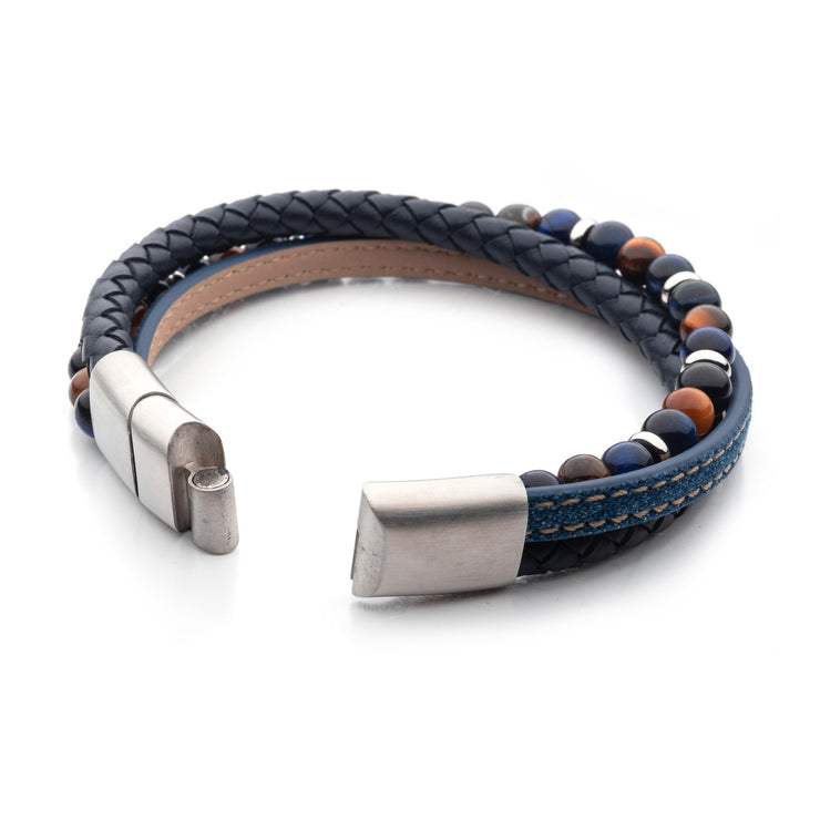 Blue Full Grain Cowhide Leather & Blue Denim with Lapis Lazuli & Tigers Eye Stone Bead Multi-Strand Bracelet