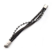 Denim, Black & Brown Full Grain Cowhide Leather with Hematite Cross Bead Multi-Strand Bracelet