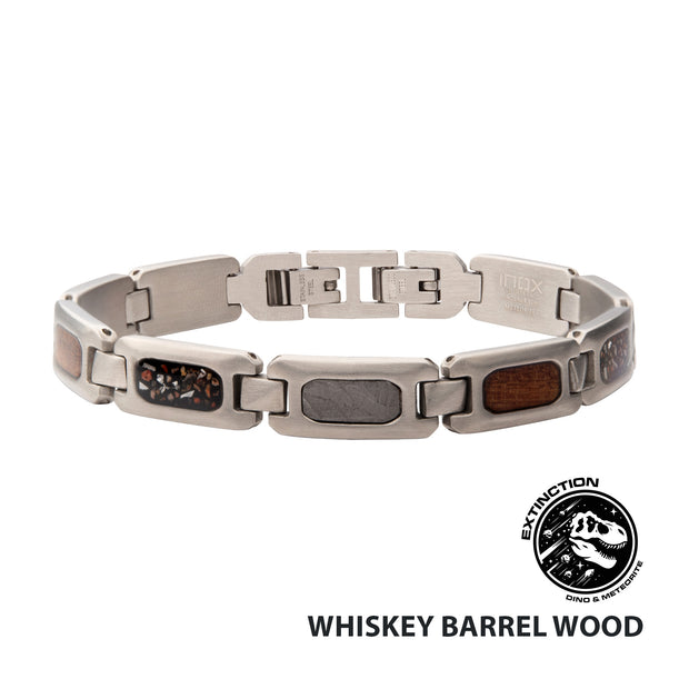 Stainless Steel Matte Finish Link Bracelet with Meteorite, Whiskey Barrel Wood & Black Dinosaur Bone Inlay