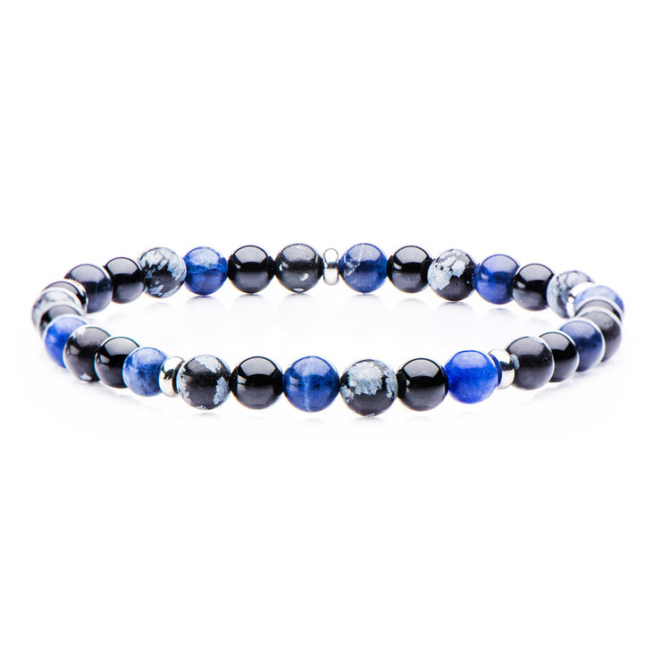 Sodalite, Black Agate, Snowflake, Stainless Steel Beaded Stretch Bracelet