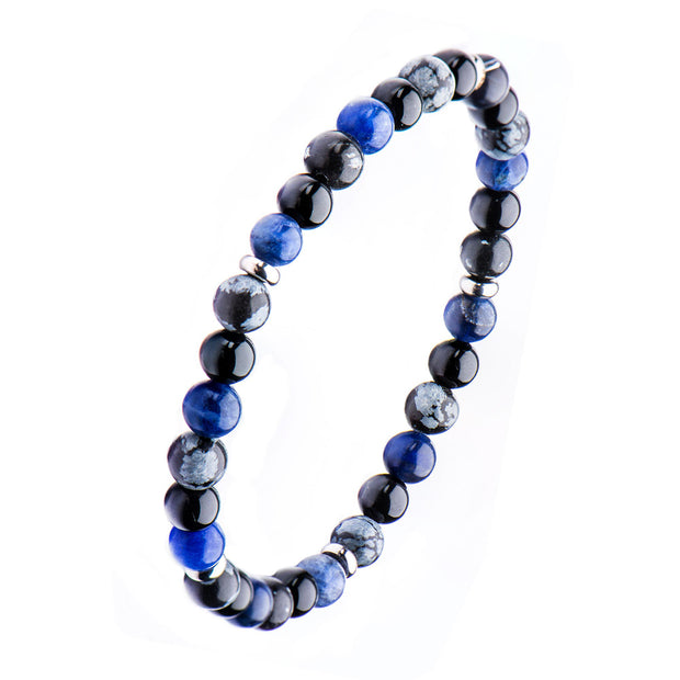 Sodalite, Black Agate, Snowflake, Stainless Steel Beaded Stretch Bracelet