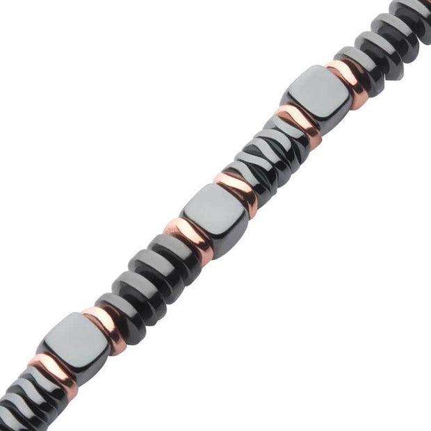 Black & Rose Gold Hematite Beads Bracelet with Hinged Steel Hook Clasp