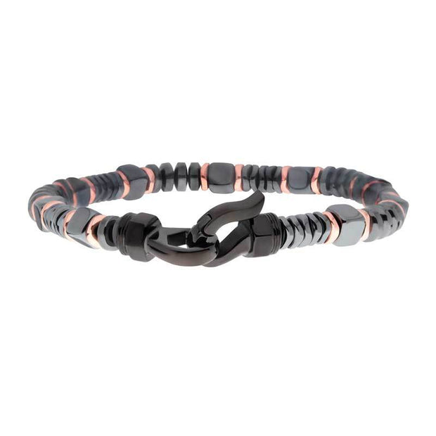 Black & Rose Gold Hematite Beads Bracelet with Hinged Steel Hook Clasp