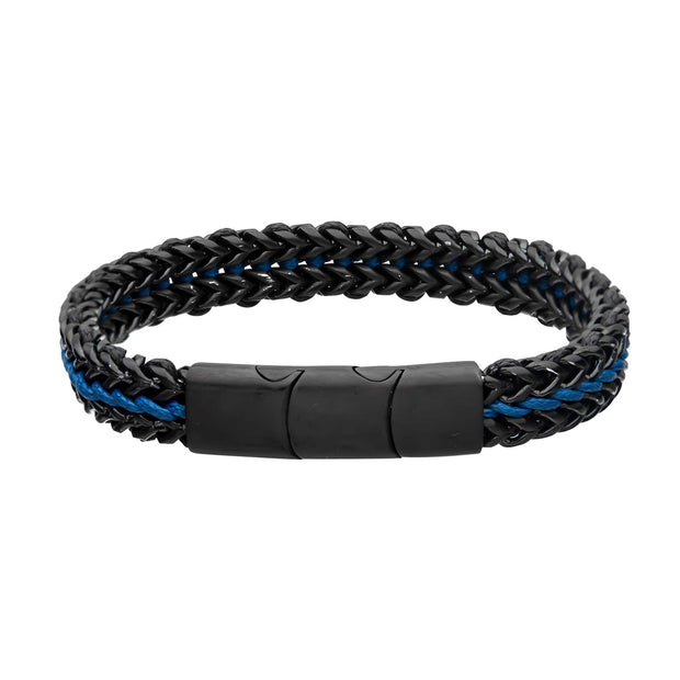 Allegiance Stainless Steel Bracelets with Blue Wax Cord binding 2 Black Antique Brushed Foxtail Links