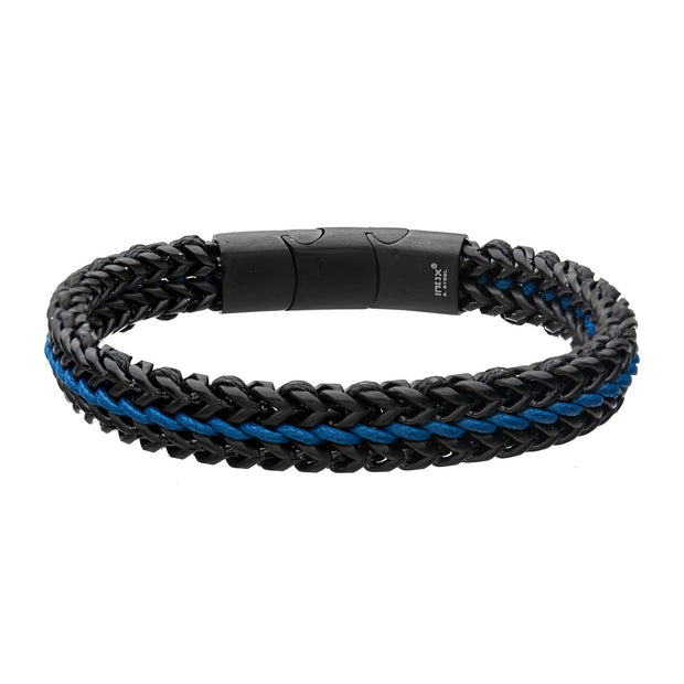 Allegiance Stainless Steel Bracelets with Blue Wax Cord binding 2 Black Antique Brushed Foxtail Links