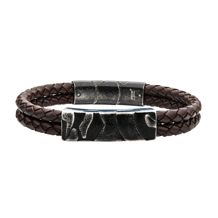 Brown Leather with Gun Metal IP 3D Canyon Pattern Bracelet