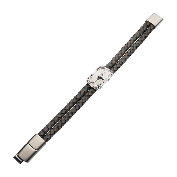 Double Strand Gray Leather with Brushed Steel Longhorn Bracelet