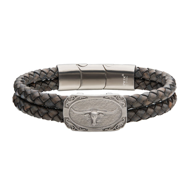 Double Strand Gray Leather with Brushed Steel Longhorn Bracelet