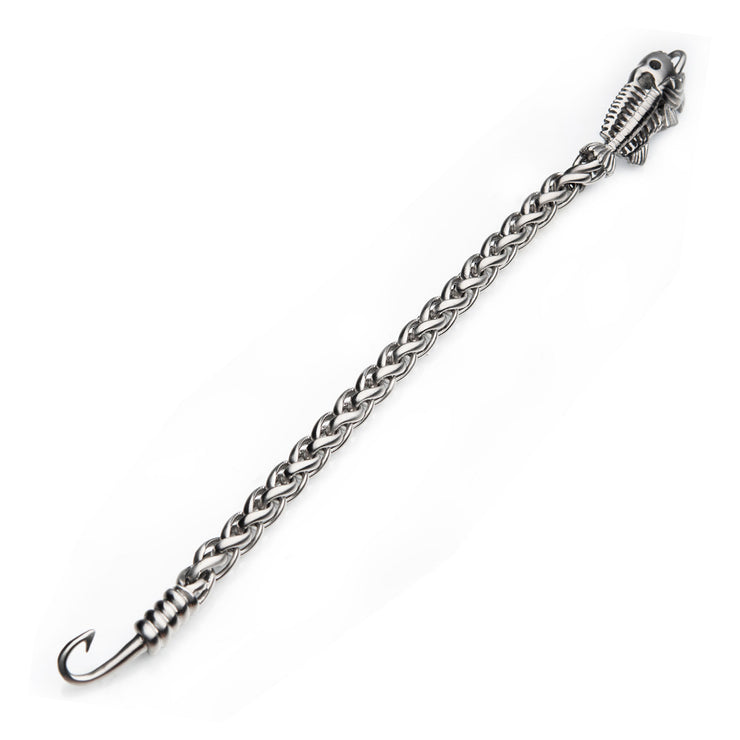 Polished Steel Wheat Chain with Fishbone on Hook Clasp Bracelet