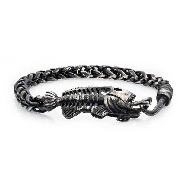 Gun Metal IP Wheat Chain with Fishbone on Hook Clasp Bracelet