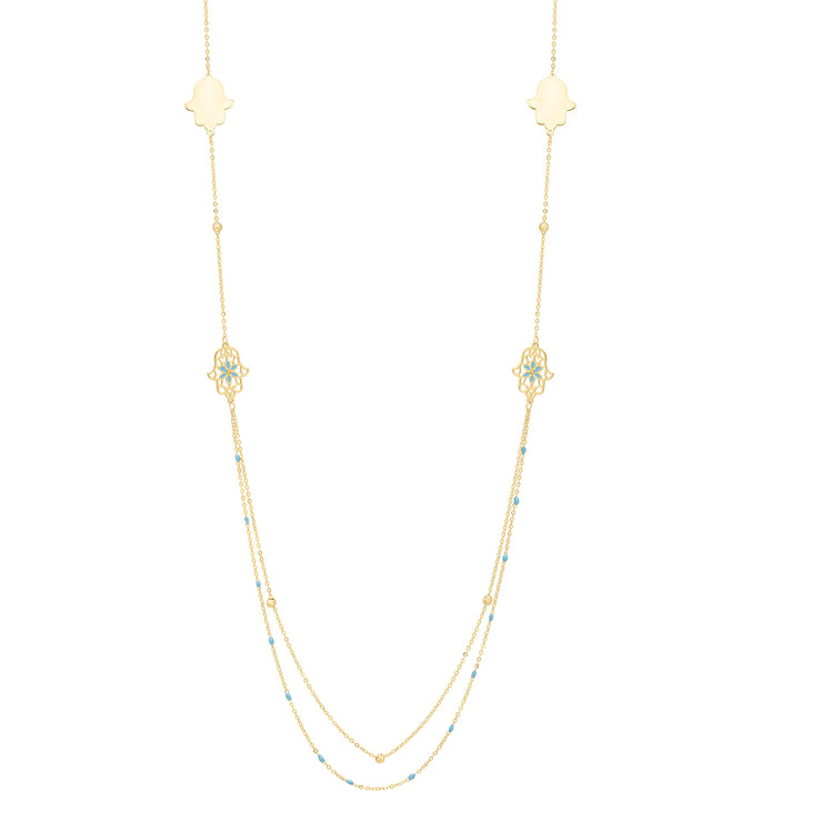 14K 30"" Long Hamsa Stationed Necklace