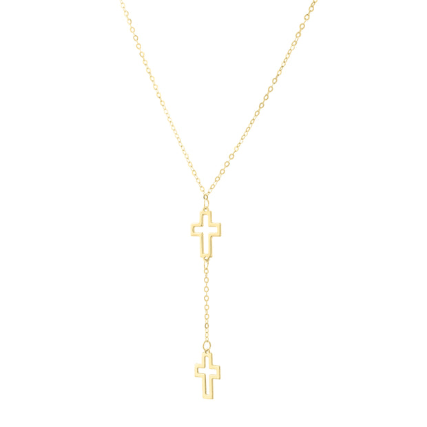 14K Double Cross Drop Necklace