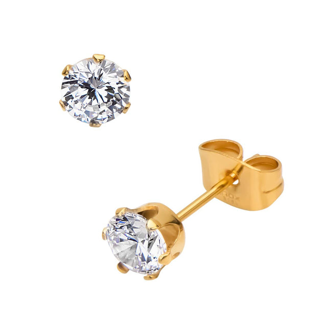 Gold IP Steel with Clear CZ Stud Earrings (Unisex)