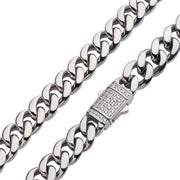 8mm Steel Miami Cuban Chain Necklace with CNC Precision Set CZ Double Tab Box Clasp