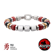 8mm Mokume Gane, Red Agate and Onyx Beads Bushido Virtue Bracelet - YU: Heroic Courage