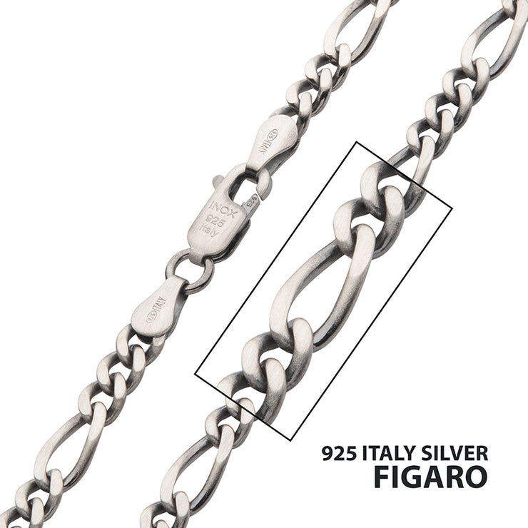 4.3mm 925 Italy Silver Black Rhodium Plated Brushed Satin Finish Figaro Chain Necklace