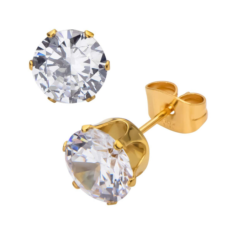 Gold IP Steel with Clear CZ Stud Earrings (Unisex)