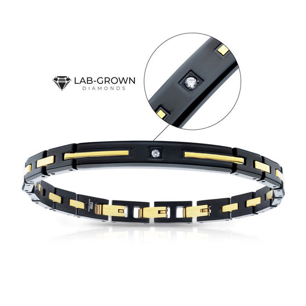 18Kt Gold IP and Black IP Steel Solitaire Accented Clear Lab-Grown Diamond Link Bracelet