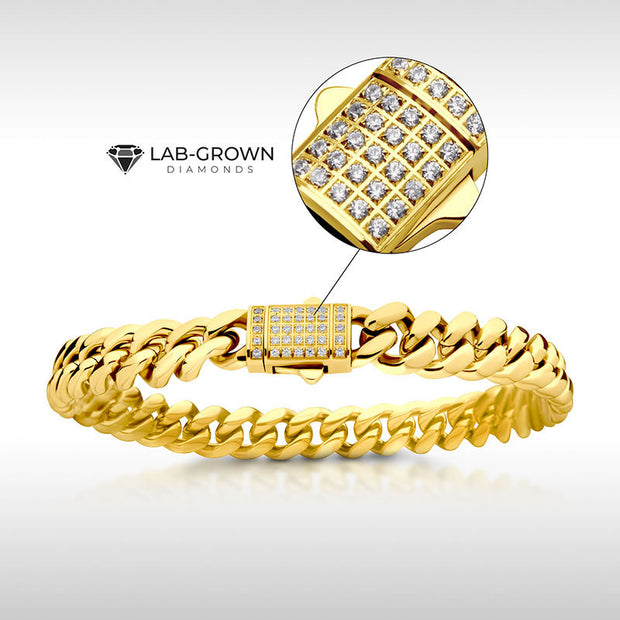 8mm 18Kt Gold IP Miami Cuban Chain Bracelet with CNC Precision Set Lab-grown Diamonds Double Tab Box Clasp