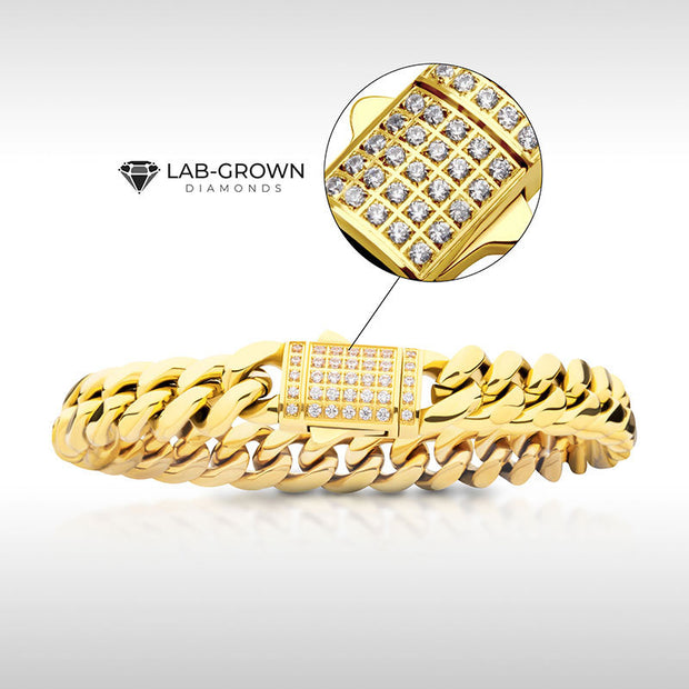 10mm 18Kt Gold IP Miami Cuban Chain Bracelet with CNC Precision Set Lab-grown Diamonds Double Tab Box Clasp