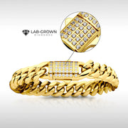 12mm 18Kt Gold IP Miami Cuban Chain Bracelet with CNC Precision Set Lab-grown Diamonds Double Tab Box Clasp