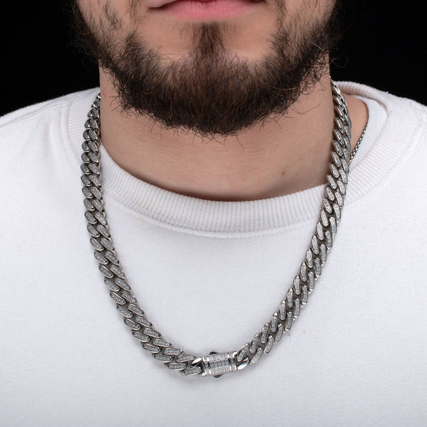 12mm Steel Miami Cuban Chain Necklace with CNC Precision Set Full Clear Lab-grown Diamonds Double Tab Box Clasp