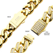 12mm 18Kt Gold IP Miami Cuban Chain Necklace with CNC Precision Set Full Clear Lab-grown Diamonds Double Tab Box Clasp