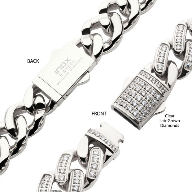 12mm Steel Miami Cuban Chain Bracelet with CNC Precision Set Full Clear Lab-grown Diamonds Double Tab Box Clasp