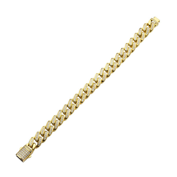 12mm 18Kt Gold IP Miami Cuban Chain Bracelet with CNC Precision Set Full Clear Lab-grown Diamonds Double Tab Box Clasp