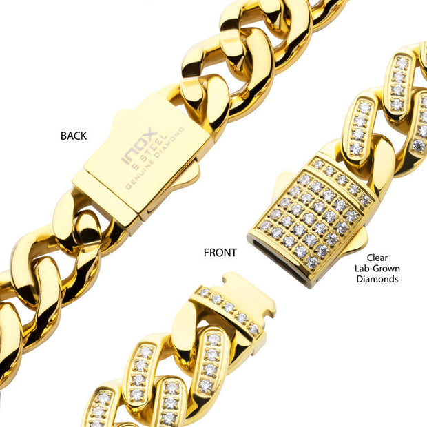 12mm 18Kt Gold IP Miami Cuban Chain Bracelet with CNC Precision Set Full Clear Lab-grown Diamonds Double Tab Box Clasp