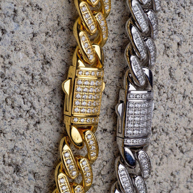 12mm 18Kt Gold IP Miami Cuban Chain Bracelet with CNC Precision Set Full Clear Lab-grown Diamonds Double Tab Box Clasp